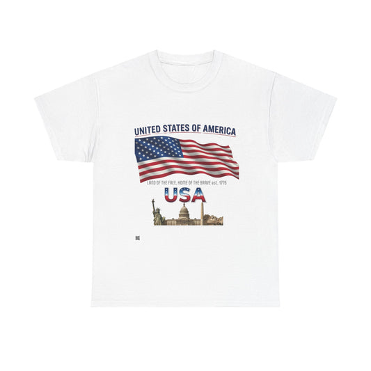 USA Flag T-Shirt — United States of America Patriotic Tee (Statue of Liberty, Capitol)
