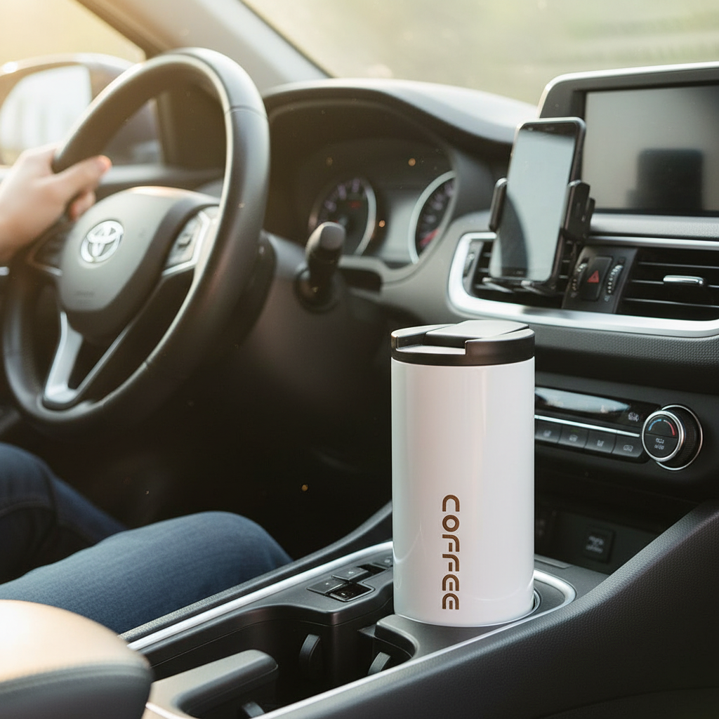 Thermal travel mug in car cup holder during morning commute